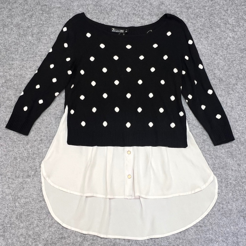 7th Avenue New York & Company Polka Dot Layered Hem Sweater Black White Small